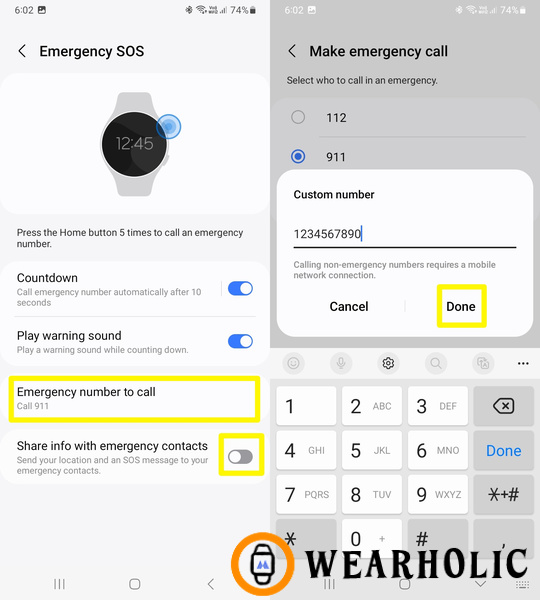 Change the Emergency Call number on Galaxy Watch